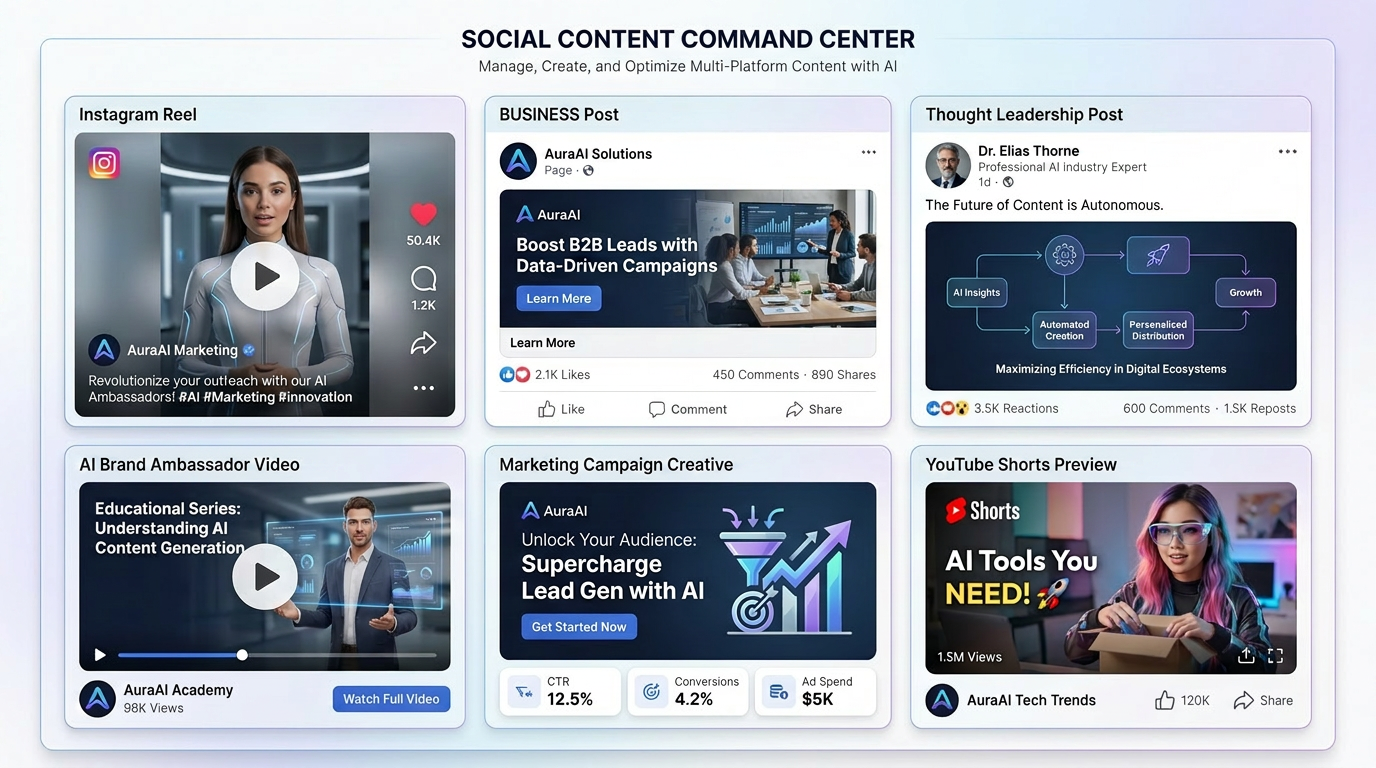 Social Content Command Center — multi-platform AI content management dashboard
